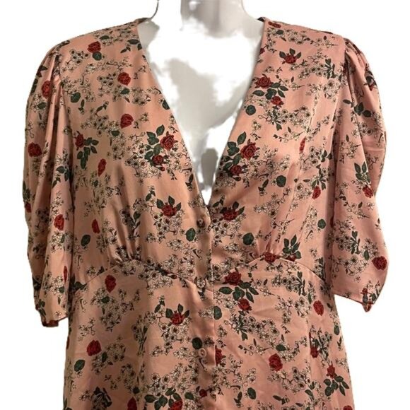 ZARA Pink Floral Button Front Puff Sleeve Midi Dress Size M - Picture 2 of 7